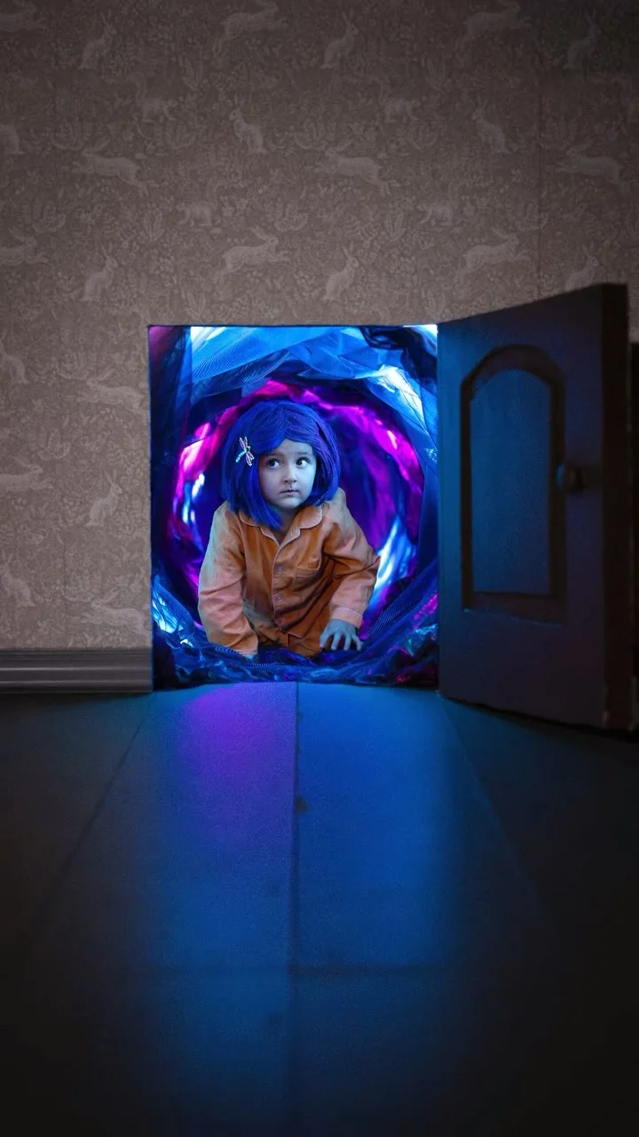 Our family made our own Coraline tunnel for a photo! 😳💜 For this Coraline inspired photo, we sewed 10 yards of iridescent fabric into an extra large play tunnel. Then we carved a small door into a foam wall and covered it in wallpaper. Next, we set it all up outside and surrounded the tunnel with 11 LED stick lights. Eloise got into character and headed down the tunnel, while Nick handled the lighting and I captured the moment. We took this photo a couple months ago, before Vermont was covered in snow 😅💜 
.
.
.
.
.
#Coraline #Beldam #behindthescenes #photomagic #photography #photoshoot #creative_portraits #creative #magical #creativephotography #photographyart #photographytricks #magicofchildhood #momsofinstagram